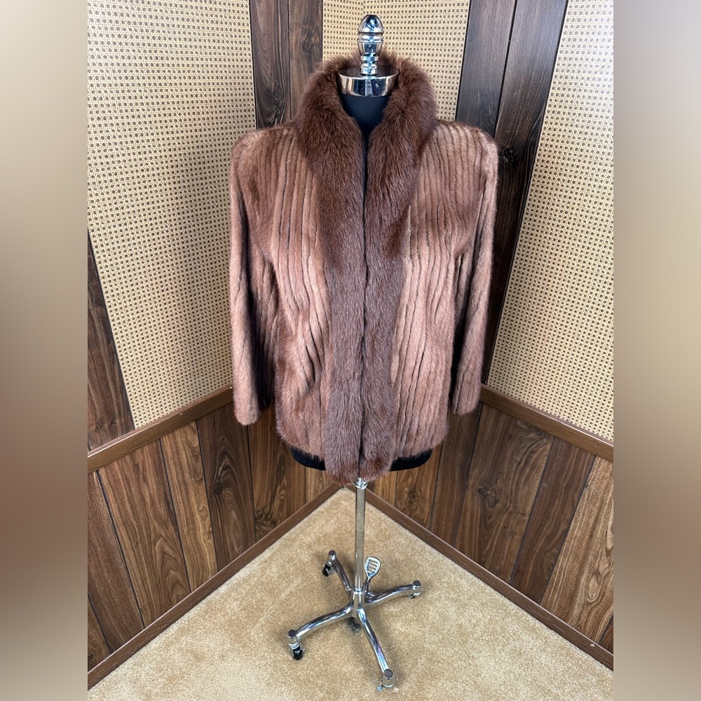 BEAUTIFUL VINTAGE BROWN CORDED CORDUROY MINK & FOX COLLAR FUR COAT JACKET SMALL